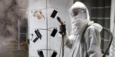 Man in white protective suit painting hanging parts